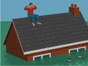 Illustration of a man plugging his ears on the roof of his house as floodwaters engulf the building