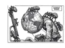 A black and white cartoon shows a computer-user, with Earth’s globe for a head, stares into a screen, while spiders labeled “hate,” “misinformation,” “fear,” and “lies” crawl across his body, wrapping him in their webs.