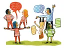Illustration of two teams working together. One is well-coordinated, the other is not.