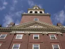 The Lowell House bell tower, viewed from the the ground