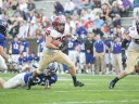 With a slashing run that covered 17 yards, sophomore tailback Paul Stanton Jr. scored the decisive points in Harvard’s triple-overtime victory over Holy Cross. Stanton rushed for 103 yards and two touchdowns, caught five passes for 55 yards, and was awarded the Turco Memorial Trophy as the game’s most valuable player. At right is tight end Tyler Ott.