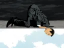Illustration showing man kneeling and looking through the floor onto a blue sky with clouds