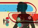 Abstract illustration of a woman’s upper torso in silhouette, overlayed with small images suggesting medical research