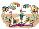 An illustration showing a teacher sitting on an enormous open book with students on screens hovering around her, some raising their hands to ask questions