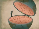Abstract illustration of an elderly man balanced on the edge of a half globe filled with brain gray matter