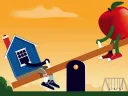 Illustration of a seesaw with a house on one end, and an apple, representing teaching, on the other.
