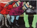 painting of twins asleep on a NYC subway, nestled against their caregiver
