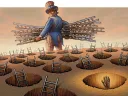 Image of Uncle Sam walking away with ladders, leaving a brown hand grasping from a hole in the ground