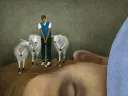 Illustration of a man sleeping as an alter ego surrounded by sheep practices his golf swing