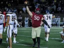 Defensive lineman Thor Griffith, a junior, celebrating  two sacks and a game-high nine tackles against Merrimack