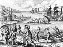 Both sides now: mutually beneficial trade between Native Americans and English people. From Theodor de Bry&rsquo;s <i>America</i> series, 1634. 