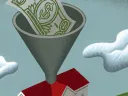 An illustration showing money being deposited via funnel into a columned building labeled "college"