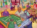 Illustration of elderly Chinese participating in activities at a senior center