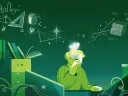 Imaginative drawing of a student contemplating mathematical concepts floating above his head