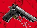 An illustration of a handgun with bullets