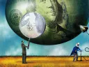 Cracks appear in a balloon decorated like a $100 bill as Uncle Sam fills it with a bicycle pump