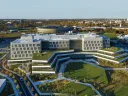 An aerial view (taken by a drone) of the south side of Harvard’s new science and engineering complex, in a perspective looking northwest toward the stadium 