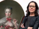 A photograph of art historian Cassandra Albinson next to a photograph of a portrait of the Marquise de Pompadour applying pink rouge to her cheeks