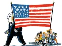Illustration showing U.S. flag pulled different directions by an oligarch and ordinary citizens