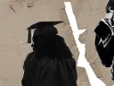 A paper ripped down the middle: on left, a college graduate looks over their shoulder; on right, an employer with a briefcase walks in the opposite direction