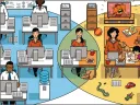 Illustration showing that a blend of working from home and in the office leads to better-performing and happier employees