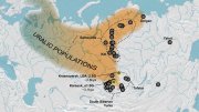 Map showing Uralic populations in Eurasia, highlighting regional distribution and historical sites.