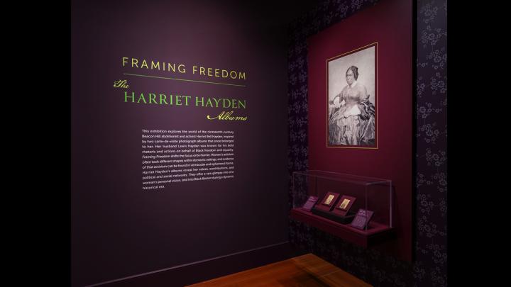 The opening display of the exhibit, showing introductory text and a large photograph of Harriet Hayden